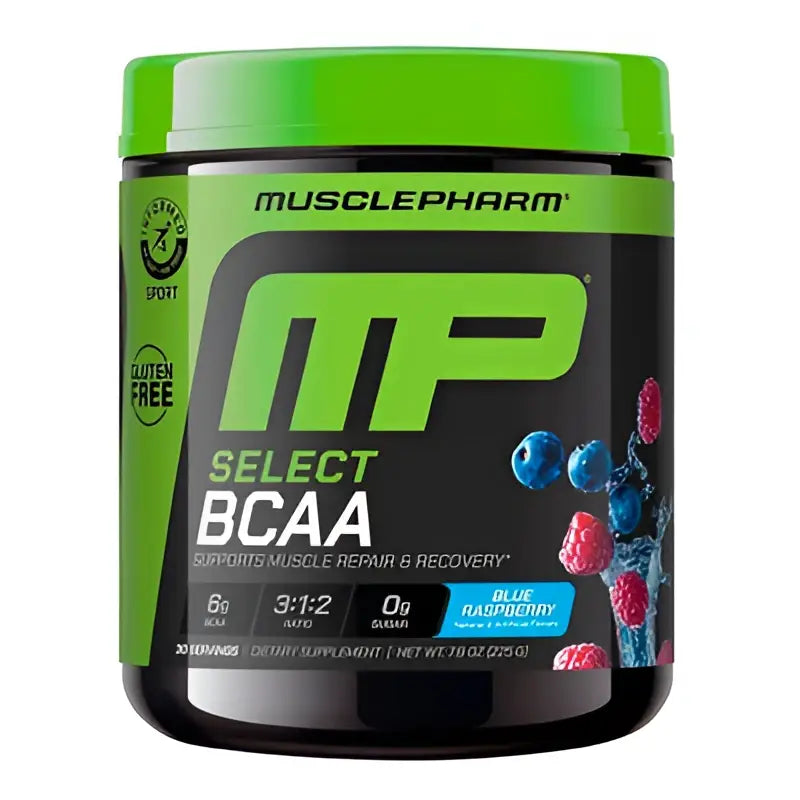 MusclePharm select bcaa en sabor blue raspberry en envase negro y verde con imagenes vibrantes de frutos para aminoácidos esenciales